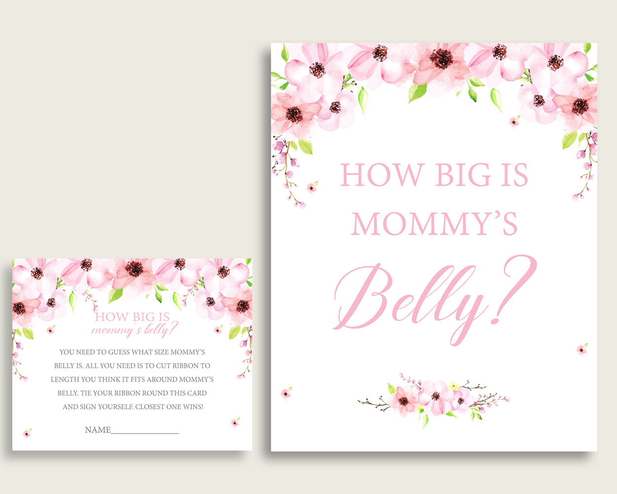 Pink Green How Big Is Mommy's Belly Game, Flower Blush Baby Shower Girl, Guess Mommys Belly Size, Mommy Tummy Game, Instant Download, VH1KL