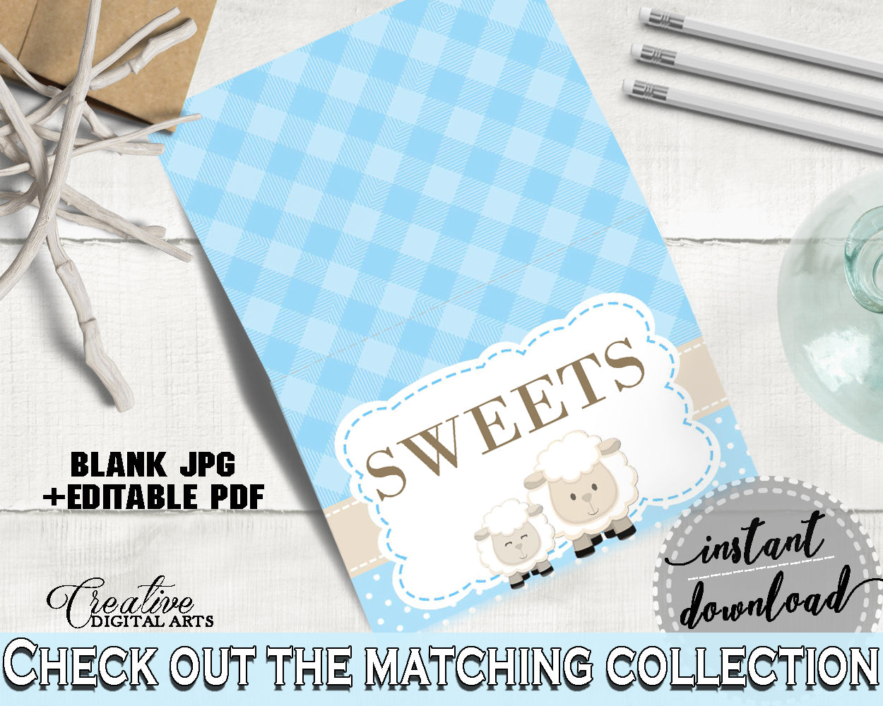 Sheep Blue Place CARDS or FOOD TENTS editable little lamb, boy baby shower theme, digital files, Jpg and Pdf, instant download - fa001