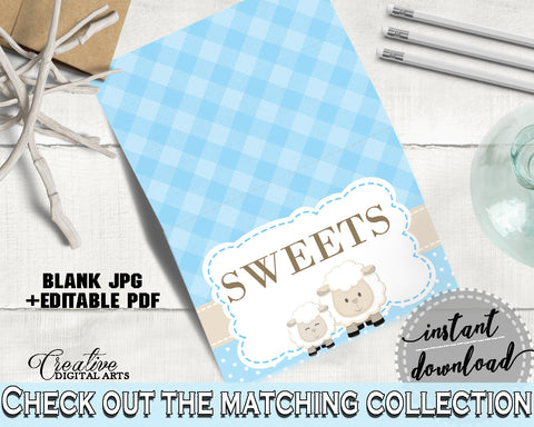 Sheep Blue Place CARDS or FOOD TENTS editable little lamb, boy baby shower theme, digital files, Jpg and Pdf, instant download - fa001
