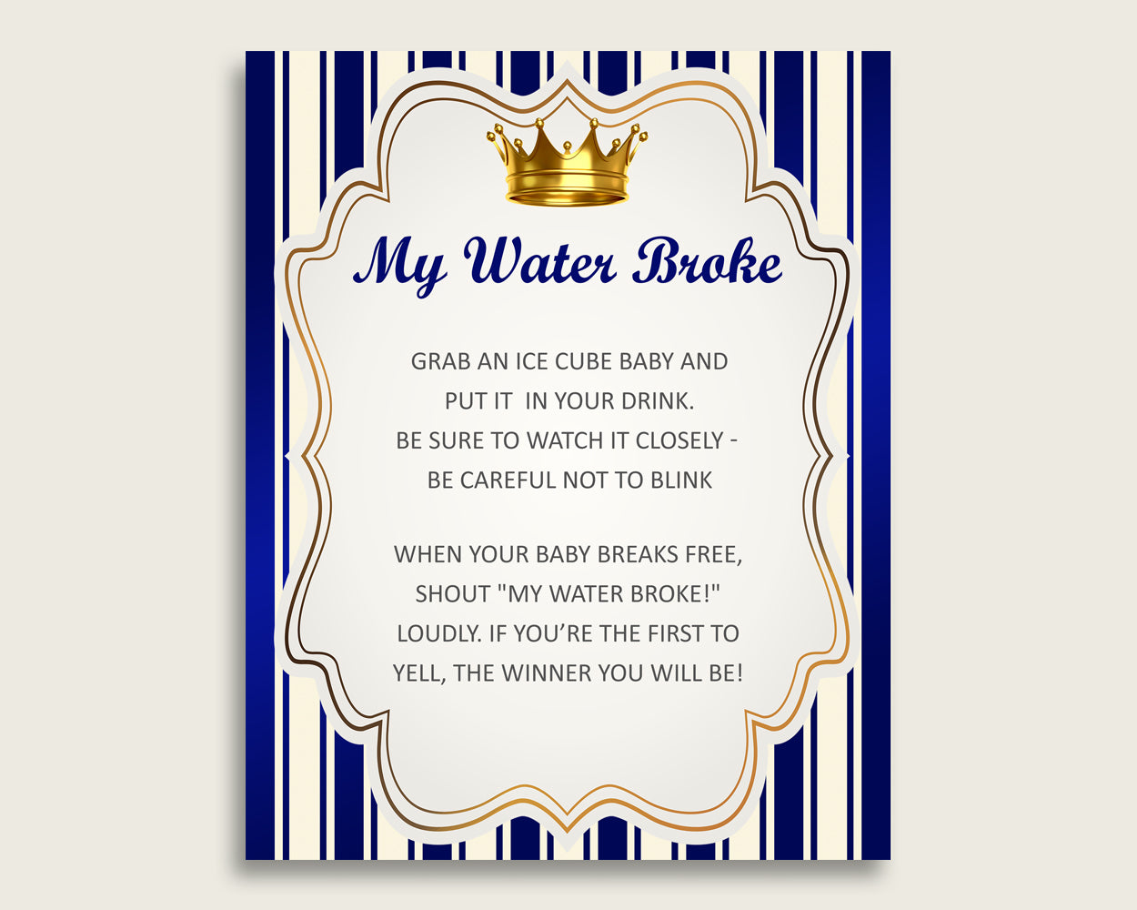 Royal Prince Baby Shower My Water Broke Game Printable, Blue Gold Ice Cube Babies Game, Boy Baby Shower Frozen Babies Game Sign 8x10 rp001