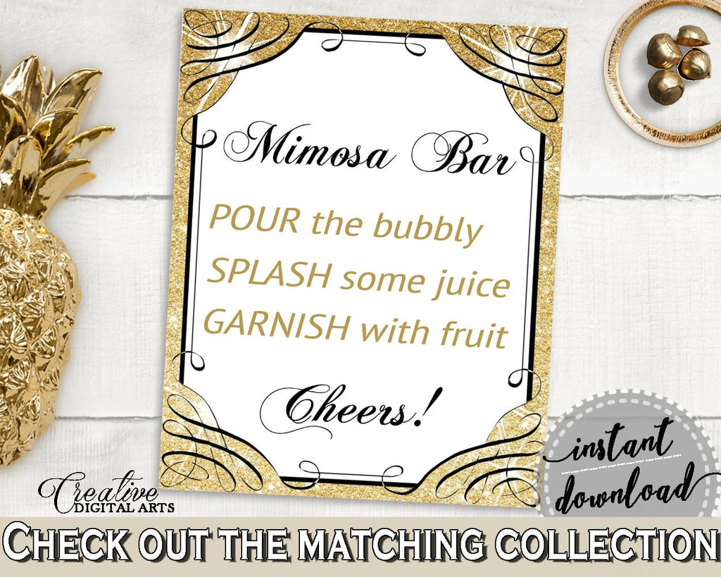 Gold And Yellow Glittering Gold Bridal Shower Theme: Mimosa Bar Sign - champagne sign, gorgeous bridal, party decorations, prints - JTD7P - Digital Product