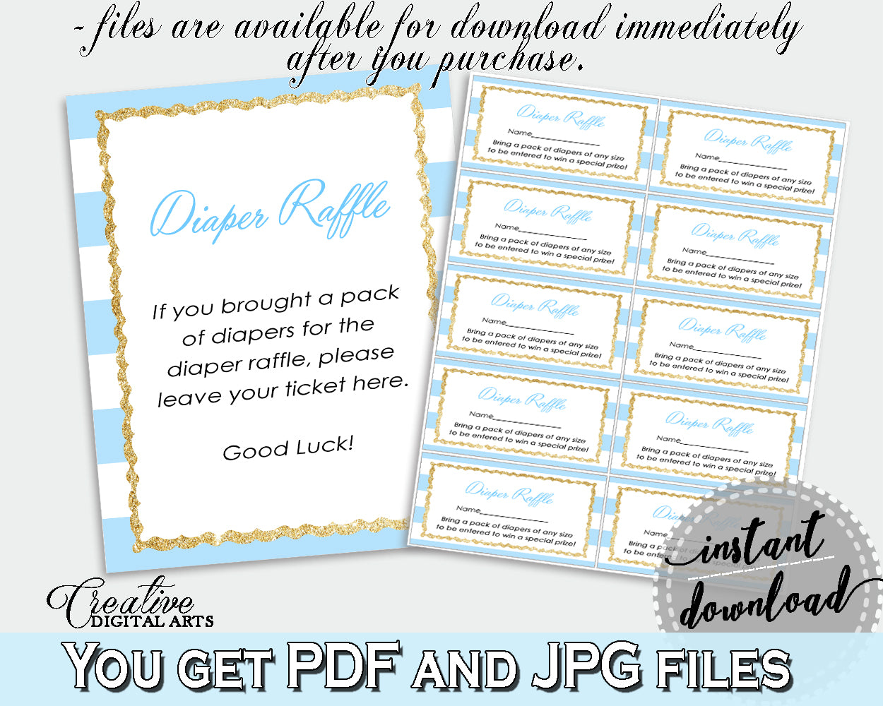 Baby shower DIAPER RAFFLE printable insert card with blue and white stripes theme, digital Jpg Pdf, instant download - bs002