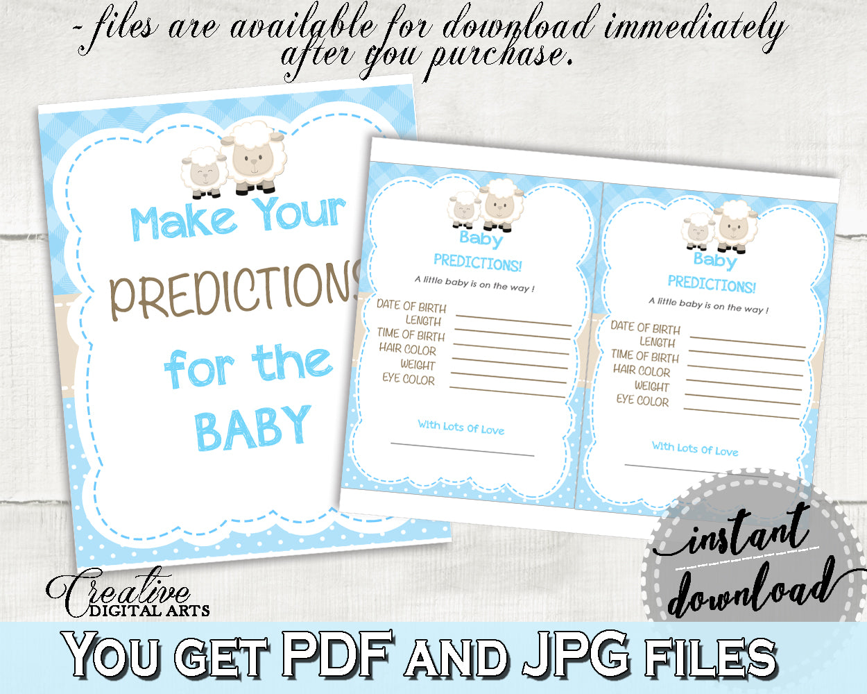 Little lamb PREDICTIONS FOR BABY blue baby boy shower sign and cards activity printable sheep theme, digital files, instant download - fa001