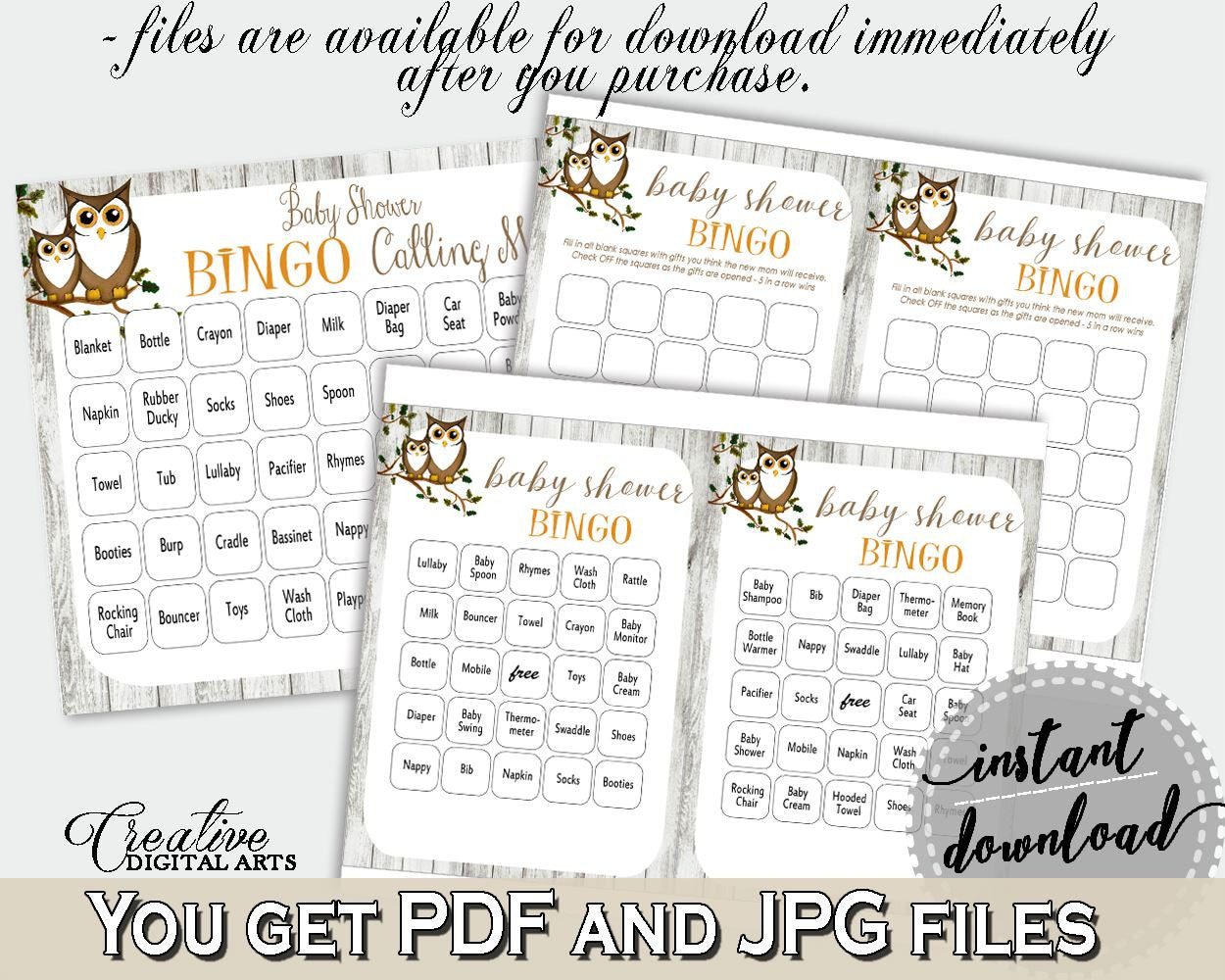 Bingo 60 Cards Baby Shower Bingo 60 Cards Owl Baby Shower Bingo 60 Cards Baby Shower Owl Bingo 60 Cards Gray Brown - 9PUAC - Digital Product