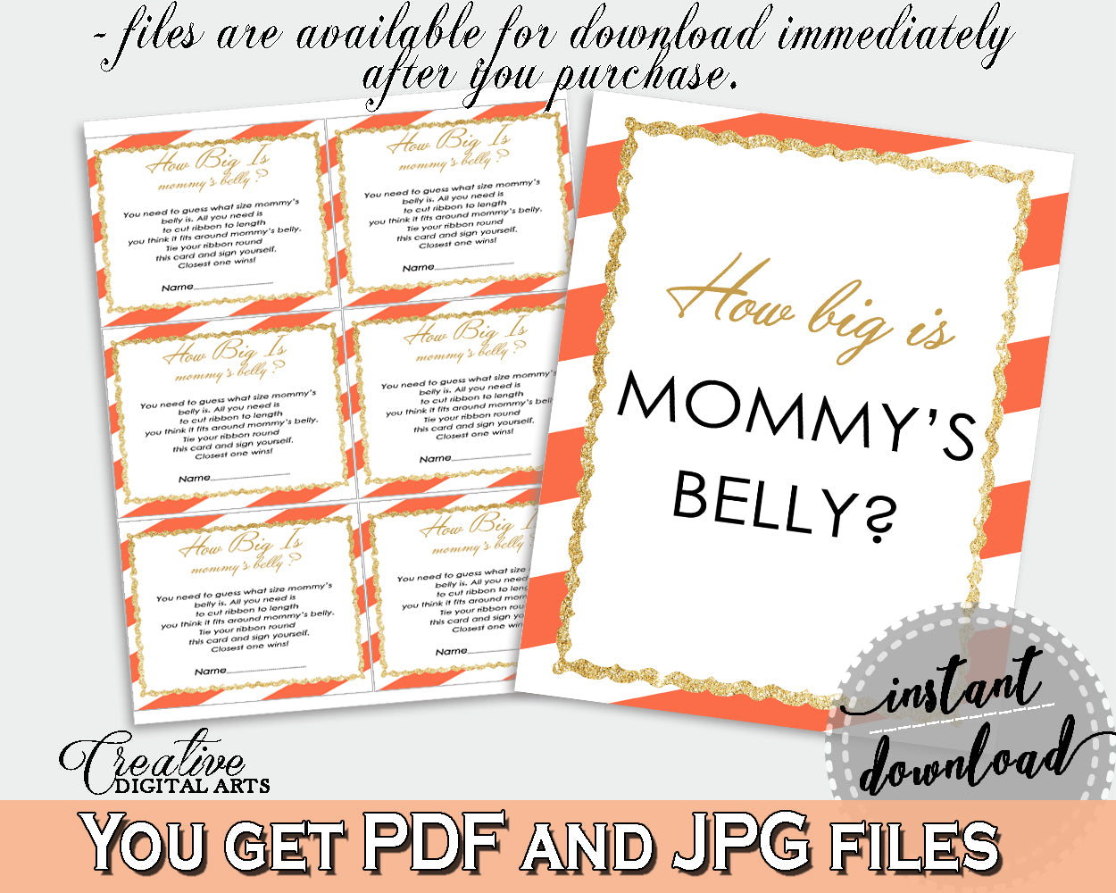 How Big Is MOMMY'S BELLY baby shower game with orange stripes theme printable, glitter gold, Jpg Pdf, instant download - bs003