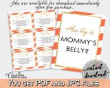 How Big Is MOMMY'S BELLY baby shower game with orange stripes theme printable, glitter gold, Jpg Pdf, instant download - bs003