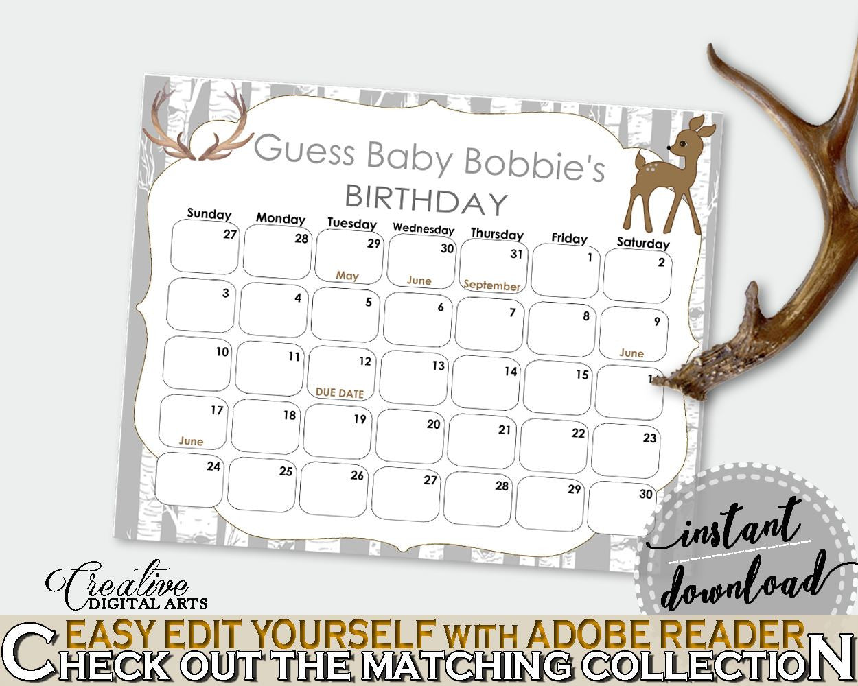 Birthday Predictions Baby Shower Birthday Predictions Deer Baby Shower Birthday Predictions Baby Shower Deer Birthday Predictions Gray Z20R3 - Digital Product