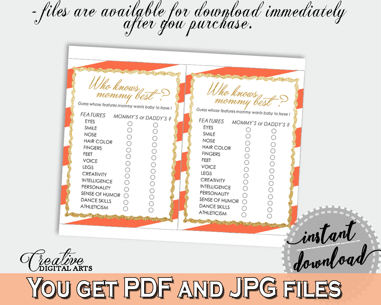 Who KNOWS MOMMY BEST baby shower game gender neutral with glitter gold and orange stripes theme printable, instant download - bs003