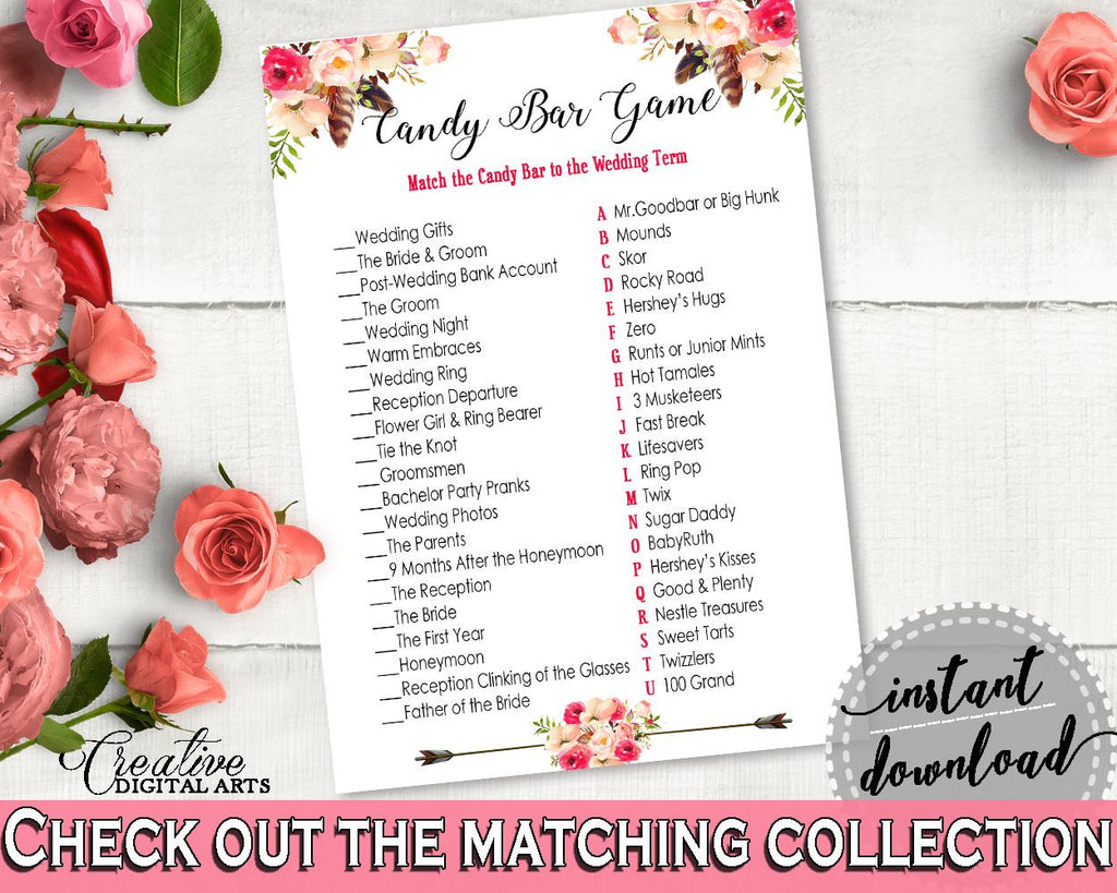 Pink And Red Bohemian Flowers Bridal Shower Theme: Candy Bar Game - pregnancy, bridal arrows, paper supplies, shower activity - 06D7T - Digital Product