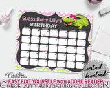 Baby Shower BIRTHDAY PREDICTION due date calendar editable with green alligator and pink color theme, instant download - ap001