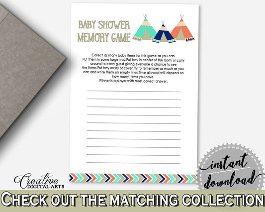 Memory Game Baby Shower Memory Game Tribal Teepee Baby Shower Memory Game Baby Shower Tribal Teepee Memory Game Green Navy - KS6AW - Digital Product