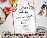 Gray and Pink Antlers Flowers Bohemian Bridal Shower Theme: Engagement Party Invitation Editable - engaged, shower celebration - MVR4R - Digital Product