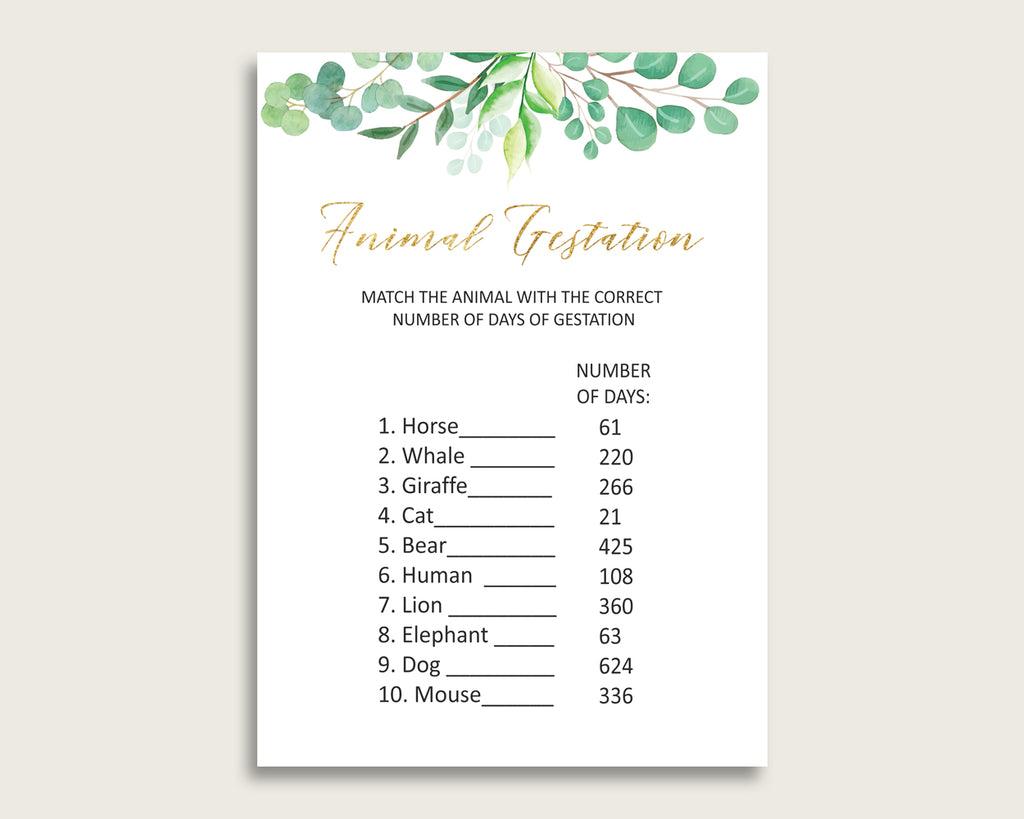 Greenery Animal Pregnancy Gestation Game, Green Gold Baby Shower Gender Neutral Printable Activities, Instant Download, Most Popular Y8X33