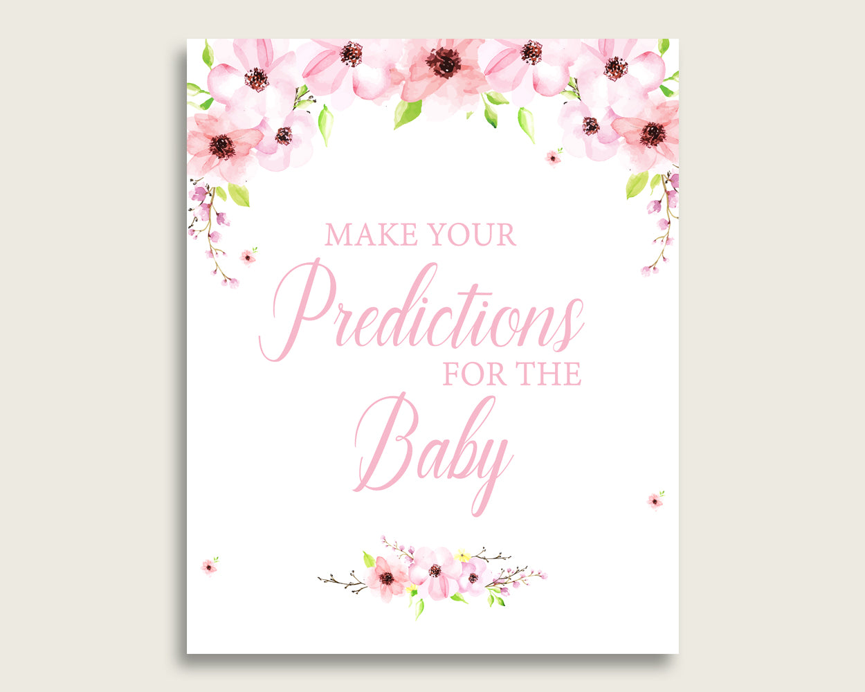 Flower Blush Baby Shower Prediction Cards & Sign Printable, Pink Green Baby Prediction Game Girl, Instant Download, Most Popular VH1KL