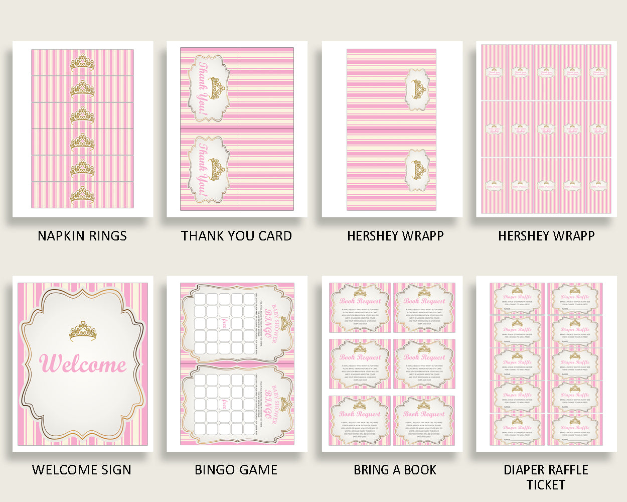 Pink Gold Baby Shower Decorations Girl Kit, Royal Princess Baby Shower Party Package Printable, Instant Download, Glamorous rp002