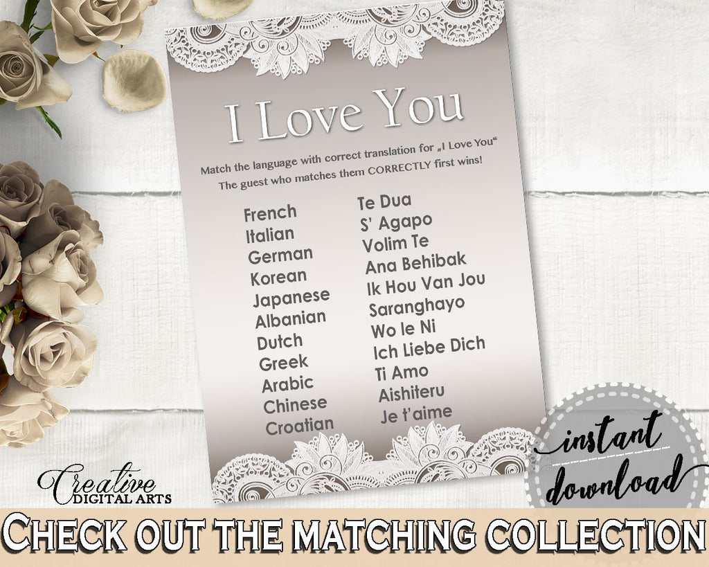 I Love You Game in Traditional Lace Bridal Shower Brown And Silver Theme, multilingual love, cheap bridal, paper supplies, prints - Z2DRE - Digital Product