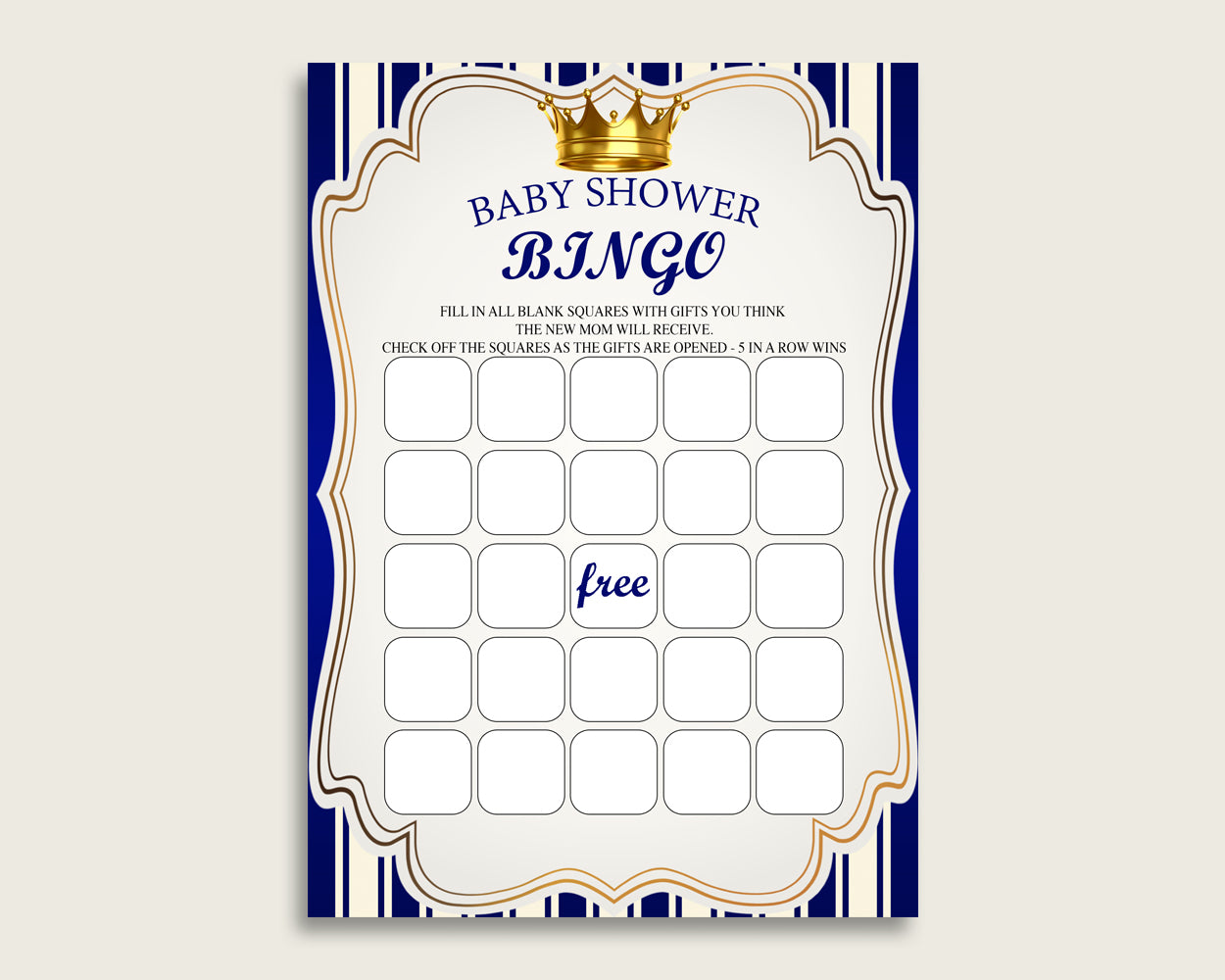 Blue Gold Baby Shower Bingo Blank Game Printable, Royal Prince Baby Shower Boy Bingo Blank Cards, Bingo Gift Opening Game, Royal Blue rp001