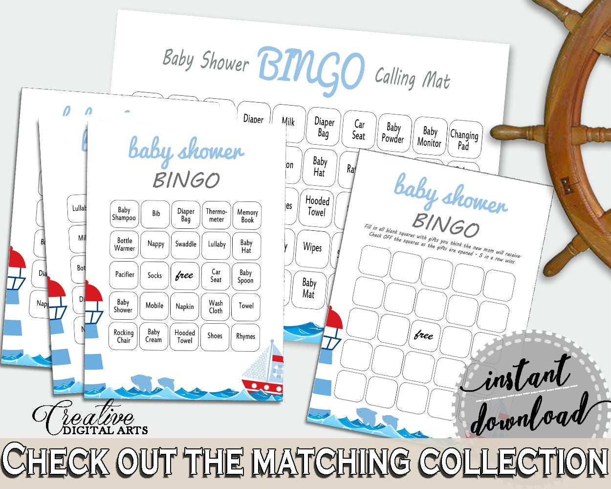 Bingo 60 Cards Baby Shower Bingo 60 Cards Nautical Baby Shower Bingo 60 Cards Baby Shower Nautical Bingo 60 Cards Blue Red prints - DHTQT - Digital Product