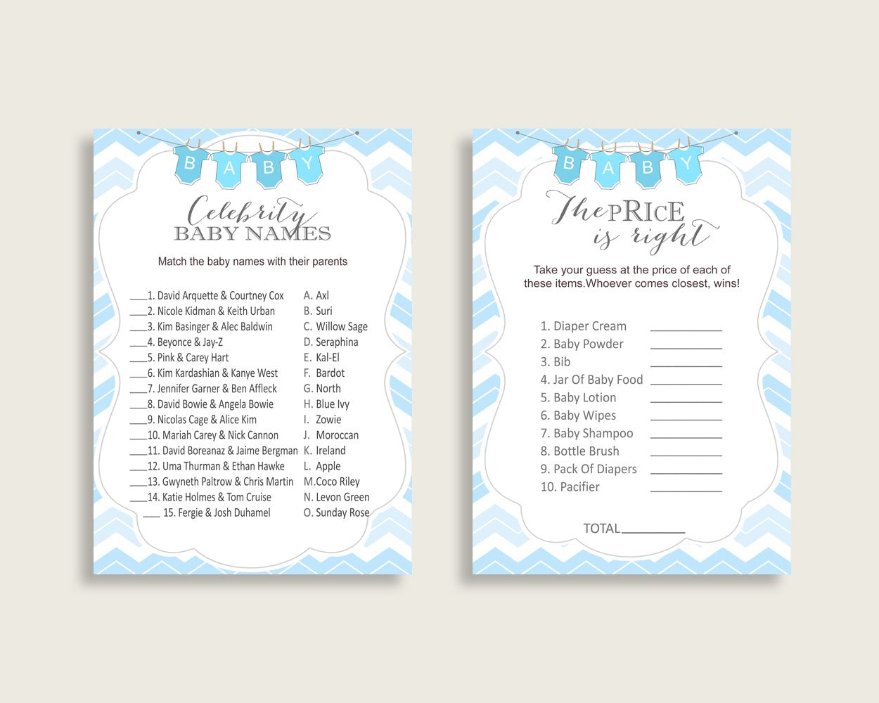 Chevron Baby Shower Games Printable Pack, Blue White Baby Shower Games Package Boy, Chevron Games Bundle Set, Instant Download, cbl01