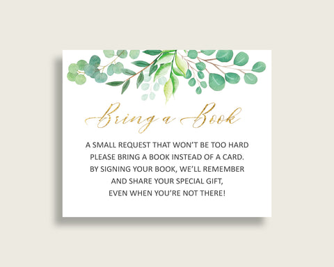 Greenery Baby Shower Bring A Book Insert Printable, Gender Neutral Green Gold Book Request, Greenery Books For Baby, Book Instead Of Y8X33