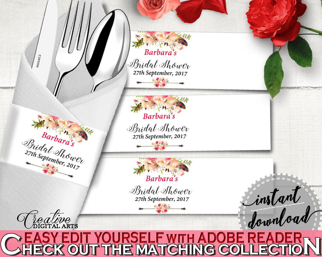 Pink And Red Bohemian Flowers Bridal Shower Theme: Napkin Ring Editable - napkin wrap, boho chic, party decor, paper supplies - 06D7T - Digital Product