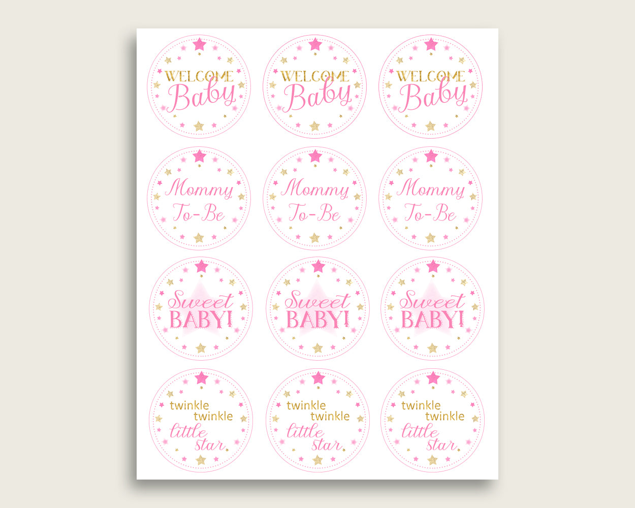 Twinkle Star Cupcake Toppers, Pink Gold Cupcake Wrappers, Toppers Wrappers Baby Shower Girl, Instant Download, Cute Stars bsg01
