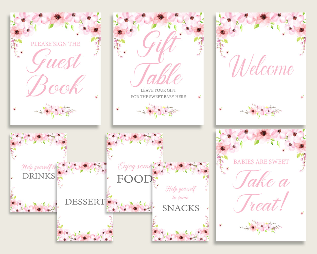 Flower Blush Baby Shower Girl Table Signs Printable, Pink Green Party Table Decor, Favors, Food, Drink, Treat, Guest Book, Instant VH1KL