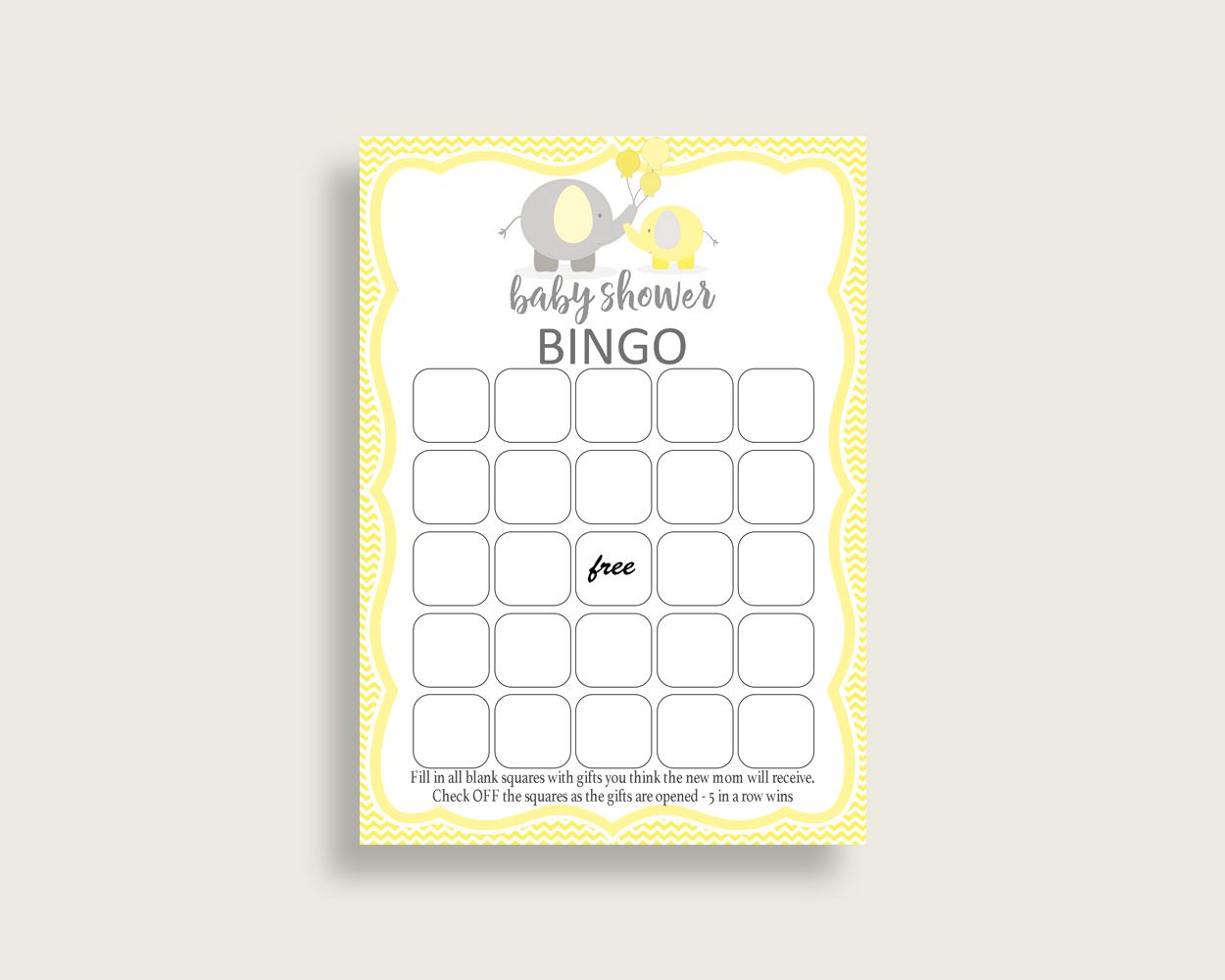 Bingo Baby Shower Bingo Yellow Baby Shower Bingo Baby Shower Elephant Bingo Yellow Gray party theme baby shower idea printables W6ZPZ