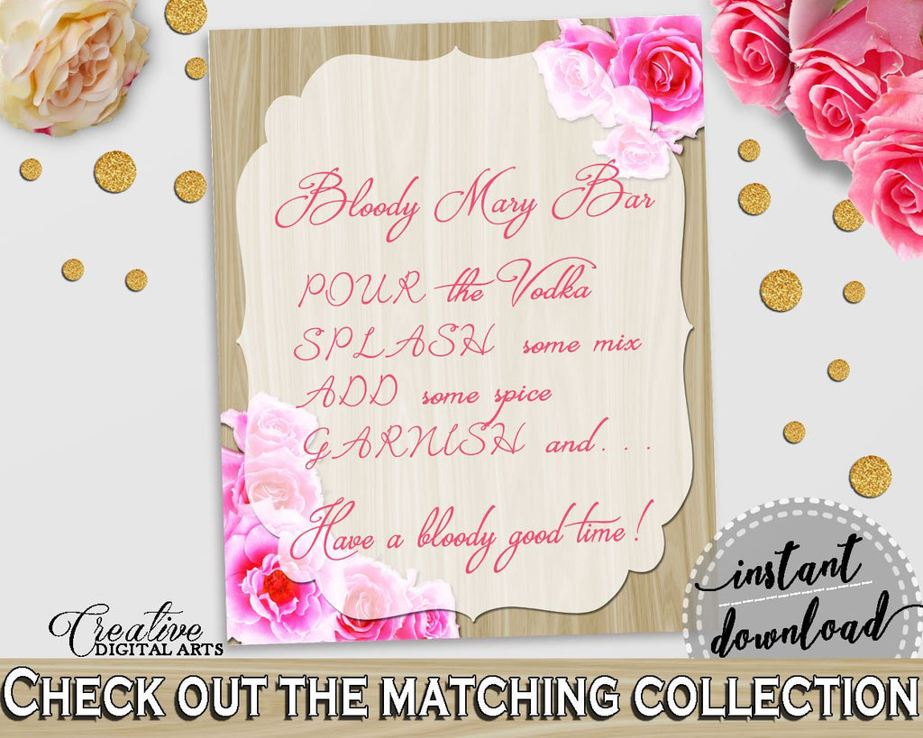 Roses On Wood Bridal Shower Bloody Mary Bar Sign in Pink And Beige, cocktail bar sign, light shower, paper supplies, shower activity - B9MAI - Digital Product