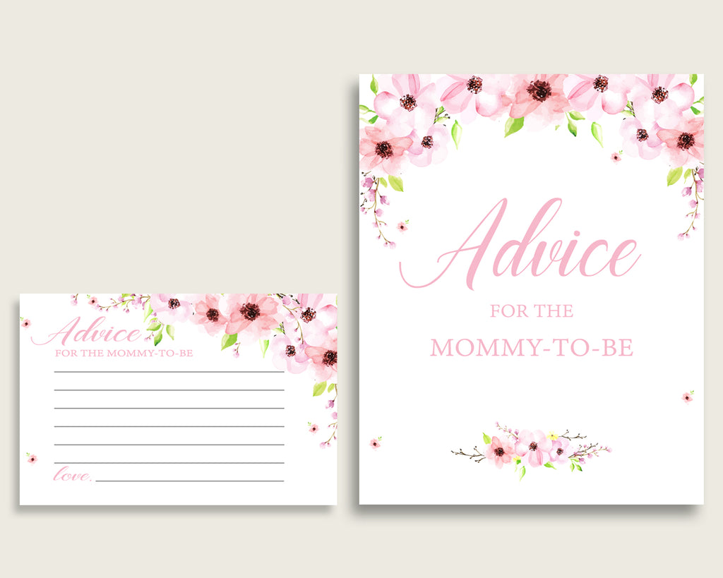 Flower Blush Advice For Mommy To Be Cards & Sign, Printable Baby Shower Pink Green Advice For New Parents, Instant Download, VH1KL
