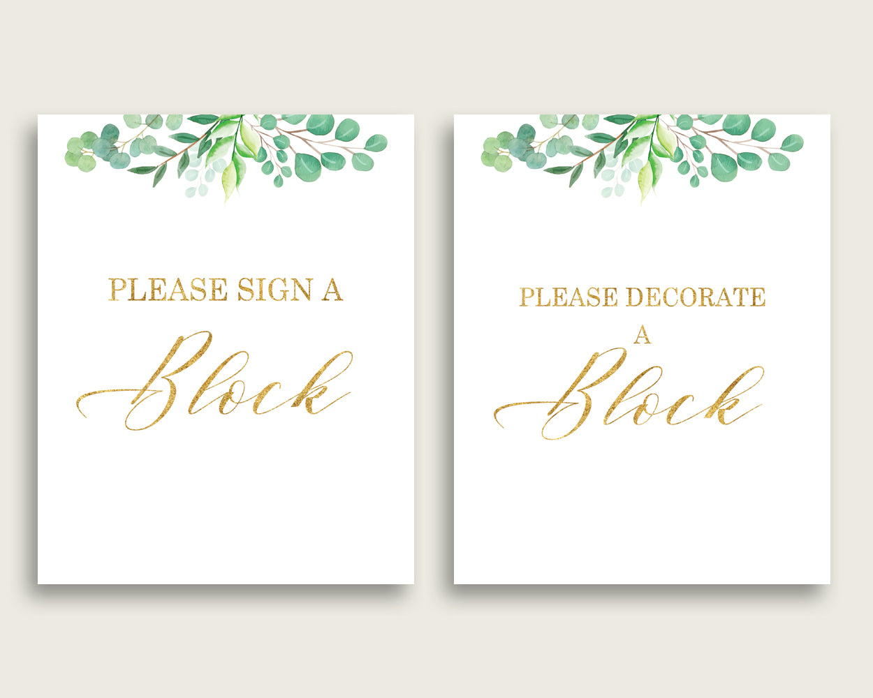 Green Gold Please Sign A Block Sign and Decoarate A Block Sign Printables, Greenery Gender Neutral Baby Shower Decor, Instant Y8X33