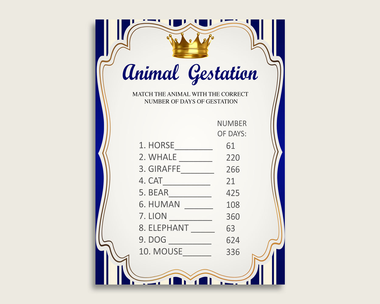 Royal Prince Animal Pregnancy Gestation Game, Blue Gold Baby Shower Boy Printable Activities, Instant Download, Prince Theme Navy rp001