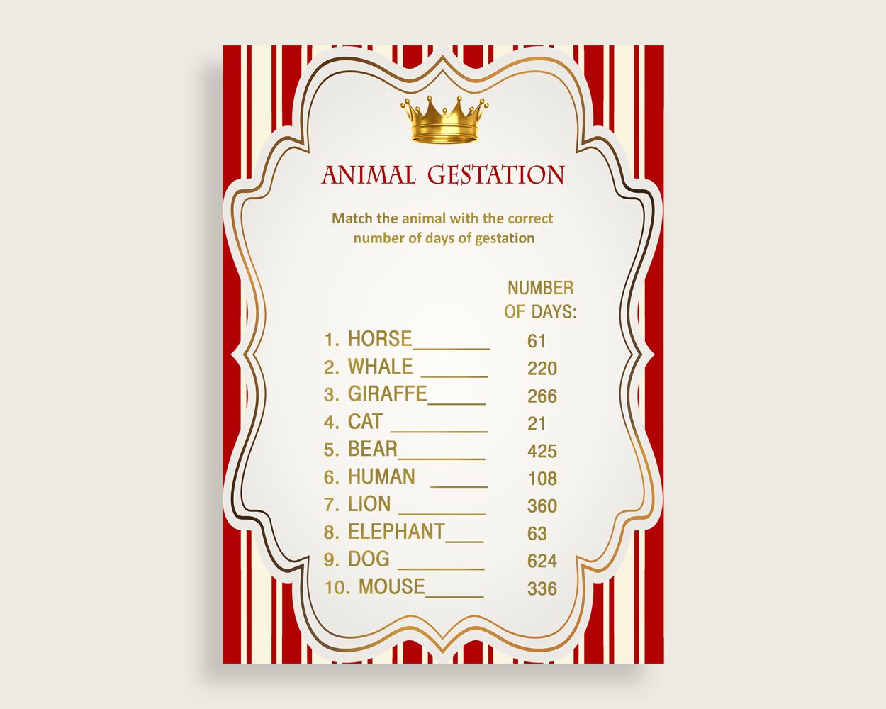 Prince Animal Pregnancy Gestation Game, Red Gold Baby Shower Boy Printable Activities, Instant Download, Cute Theme Crown 92EDX