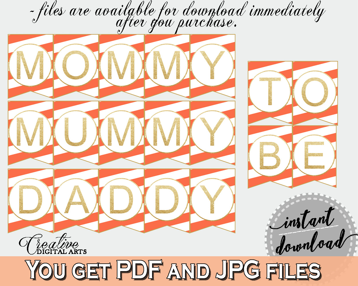 Baby shower CHAIR BANNER decoration printable with orange striped theme, digital files, glitter gold, jpg pdf, instant download - bs003