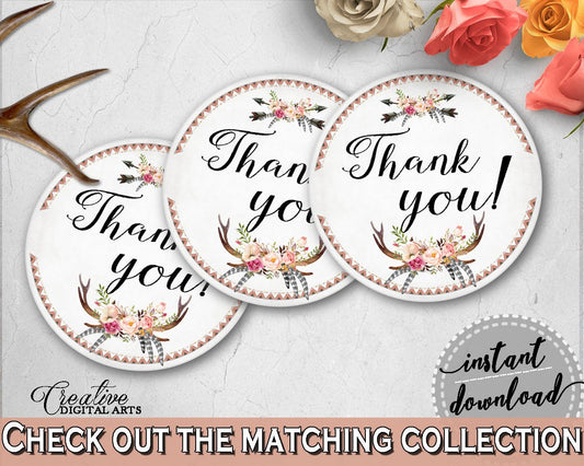 Thank You Tag in Antlers Flowers Bohemian Bridal Shower Gray and Pink Theme, gratitude, boho rustic shower, party plan, party stuff - MVR4R - Digital Product