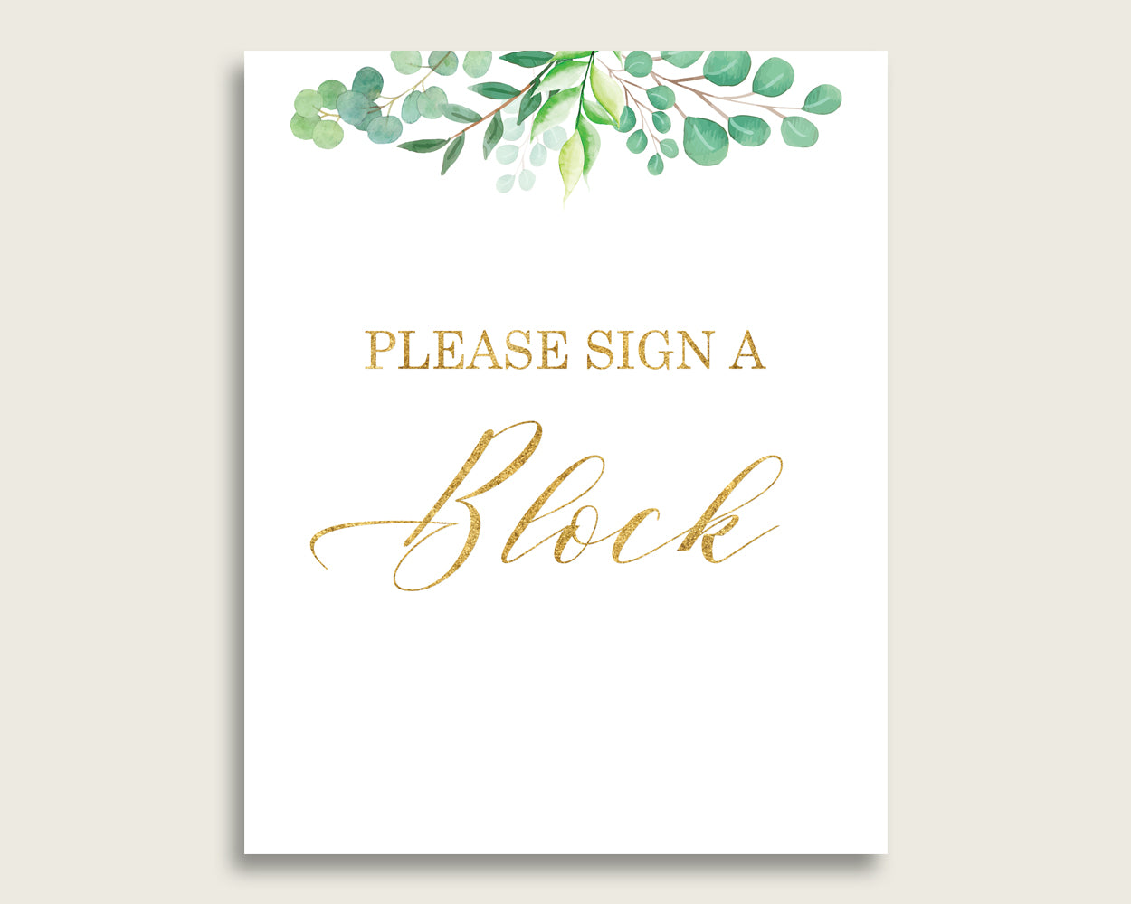 Green Gold Please Sign A Block Sign and Decoarate A Block Sign Printables, Greenery Gender Neutral Baby Shower Decor, Instant Y8X33