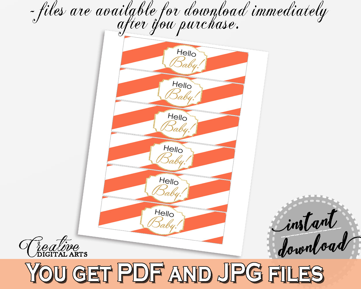 NAPKIN RINGS baby shower gender neutral printable withglitter gold and orange stripes theme, digital file jpg pdf, instant download - bs003