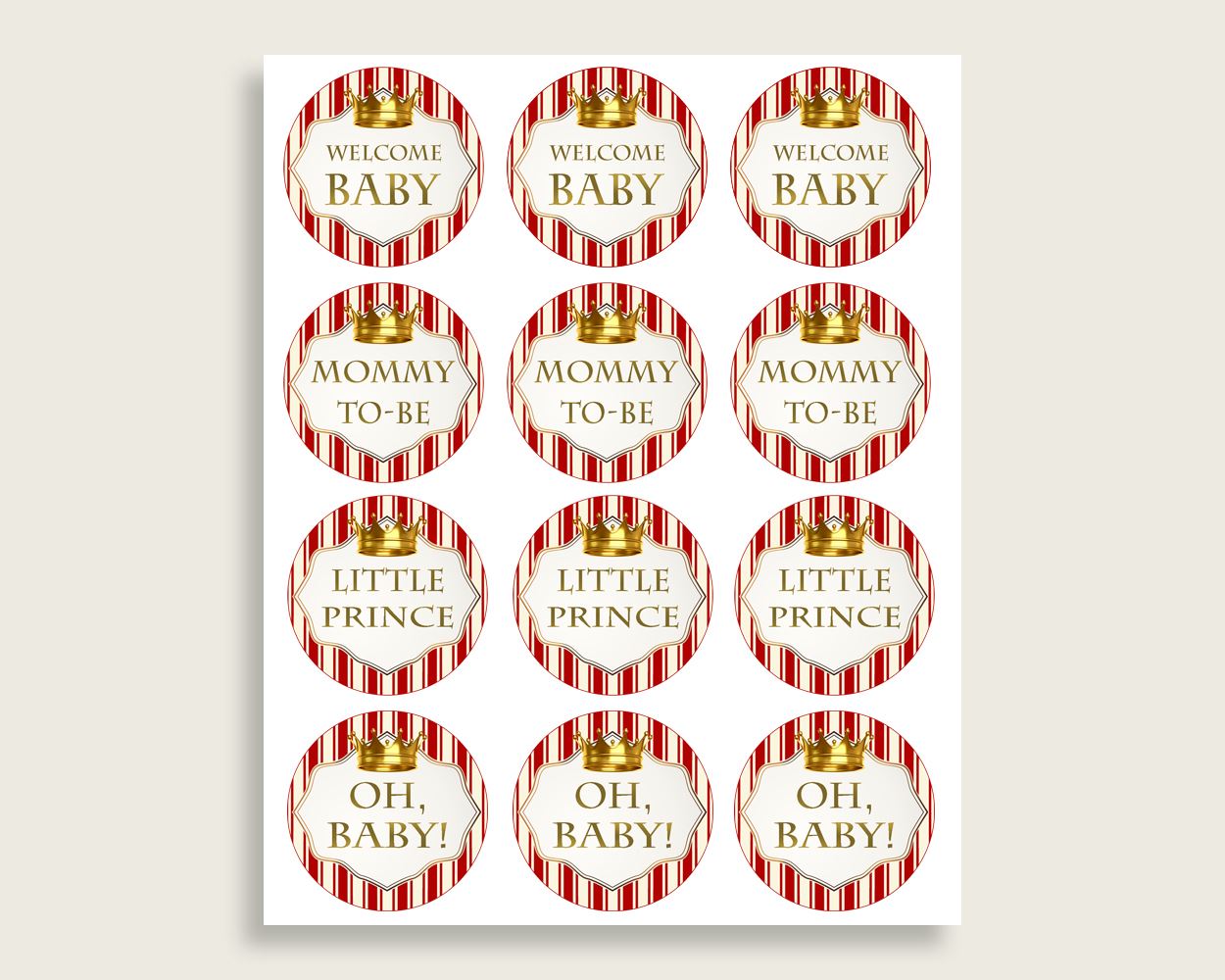 Prince Cupcake Toppers, Red Gold Cupcake Wrappers, Toppers Wrappers Baby Shower Boy, Instant Download, Crown Most Popular Cute Theme 92EDX