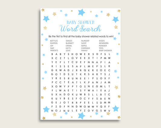 Stars Word Search Game, Blue Gold Baby Shower Word Search Cards Printable, Boy Baby Shower Activities, Hidden Words, Instant Download, bsr01