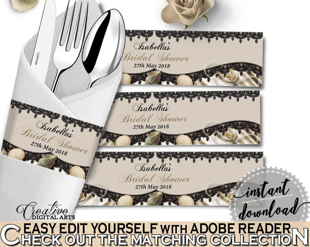 Napkin Ring Editable in Seashells And Pearls Bridal Shower Brown And Beige Theme, tableware, seashells bridal, bridal shower idea - 65924 - Digital Product
