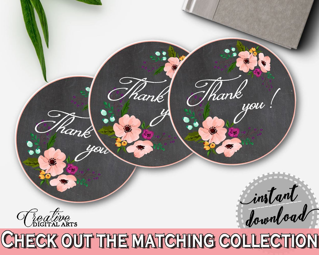 Chalkboard Flowers Bridal Shower Thank You Tag in Black And Pink, round favour labels, panel shower, customizable files, party theme - RBZRX - Digital Product