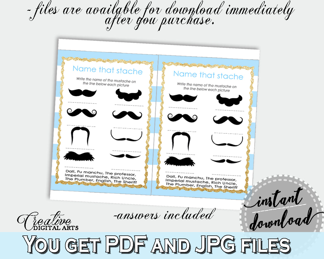 Name That Stache Baby Shower Name That Stache Blue Stripes Baby Shower Name That Stache Blue Gold Baby Shower Blue Stripes Name That bs002