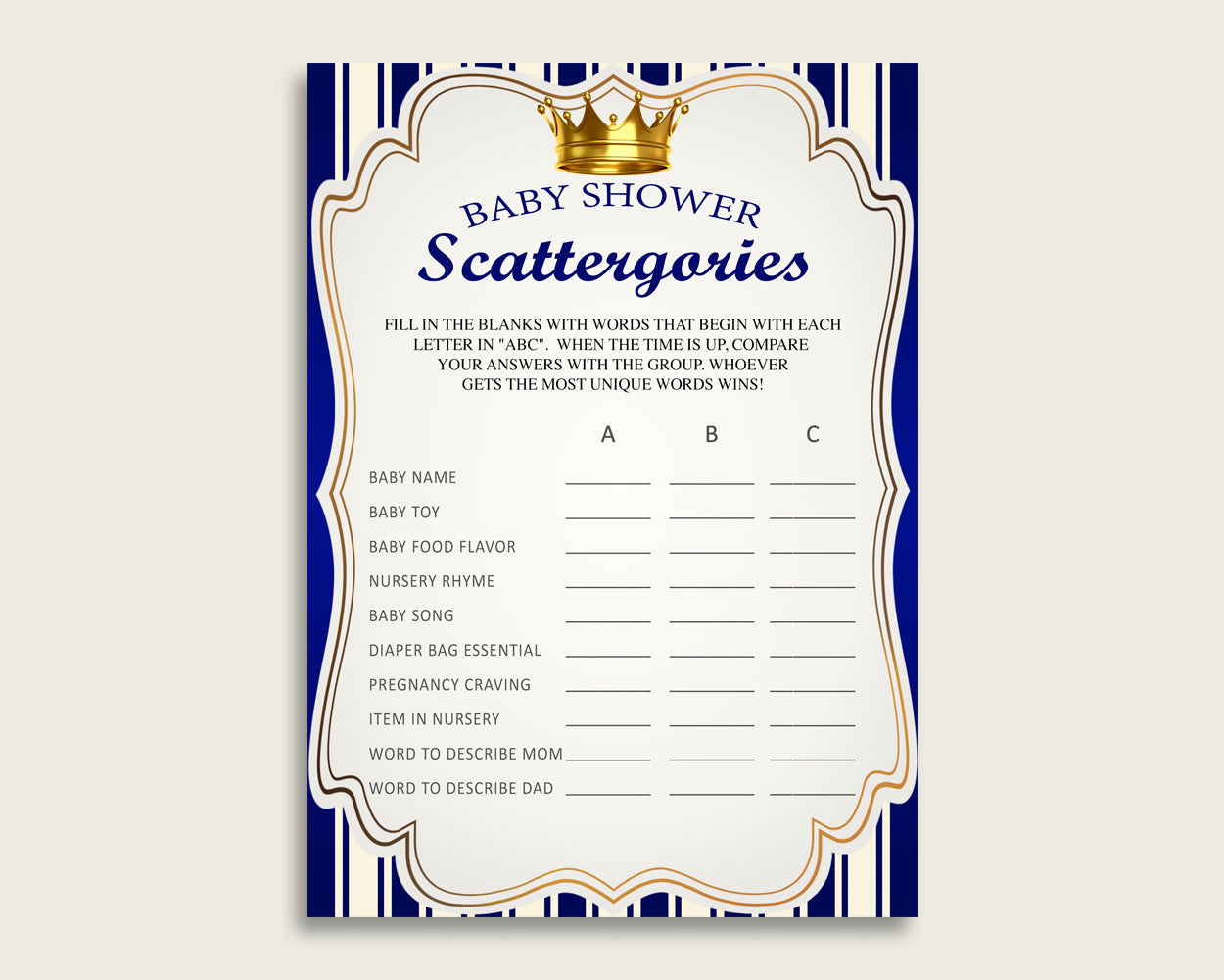 Scattergories Baby Shower Royal Prince Theme, Blue Gold Scattergories Game Printable, Boy Baby Shower Fun Activity, Prince Theme Navy rp001