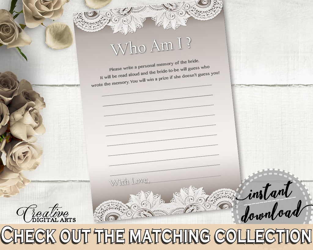 Brown And Silver Traditional Lace Bridal Shower Theme: Who Am I Game - who am i bridal, beautiful lace, prints, digital print - Z2DRE - Digital Product
