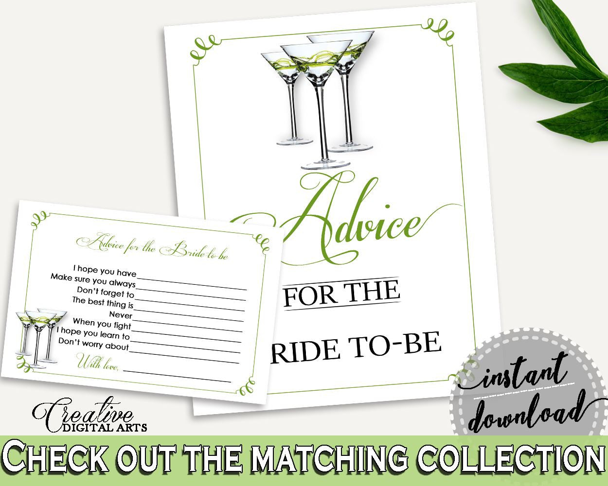 Advice Cards Bridal Shower Advice Cards Modern Martini Bridal Shower Advice Cards Bridal Shower Modern Martini Advice Cards Green ARTAN - Digital Product