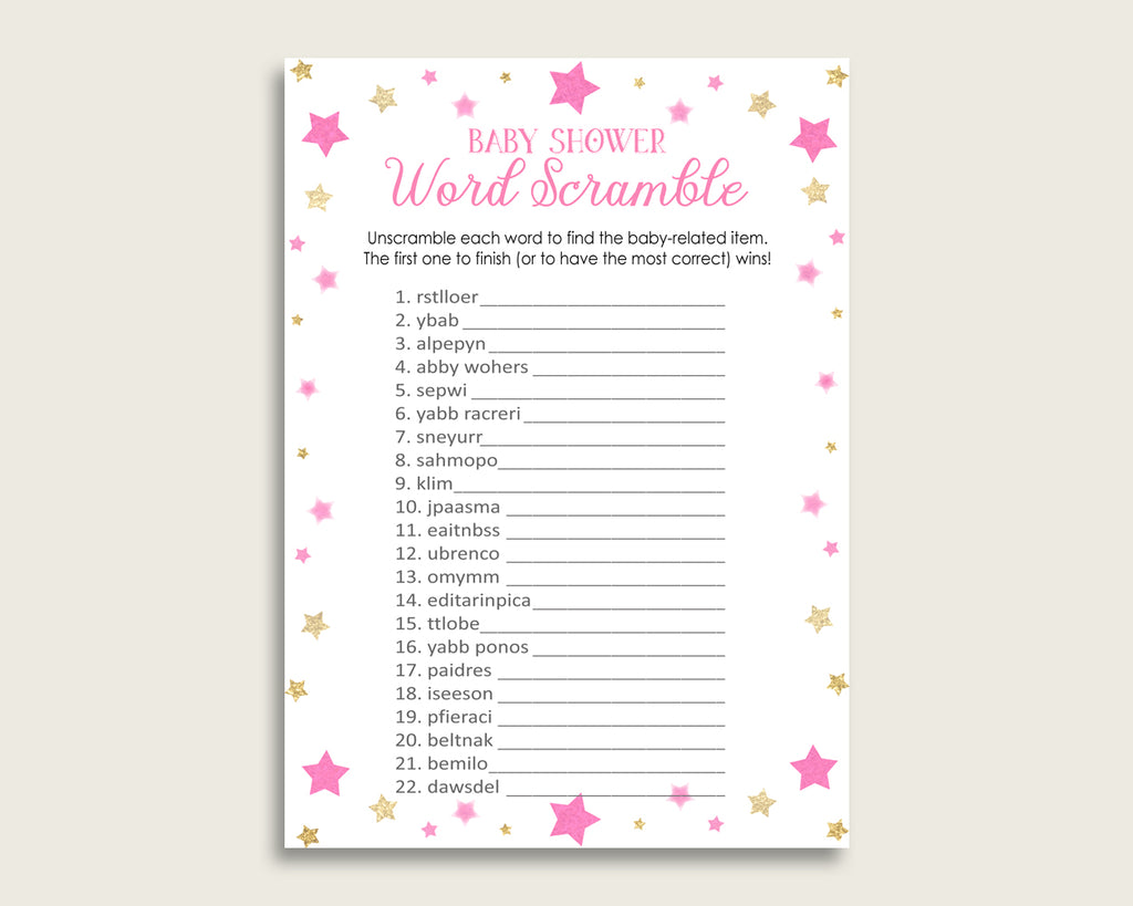 Girl Baby Shower Word Scramble Game Printable, Cute Twinkle Star Pink Gold Word Scramble, Funny Activity, Instant Download, Cute Stars bsg01