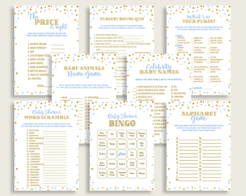 Games Baby Shower Games Confetti Baby Shower Games Blue Gold Baby Shower Confetti Games prints instant download printable pdf jpg cb001