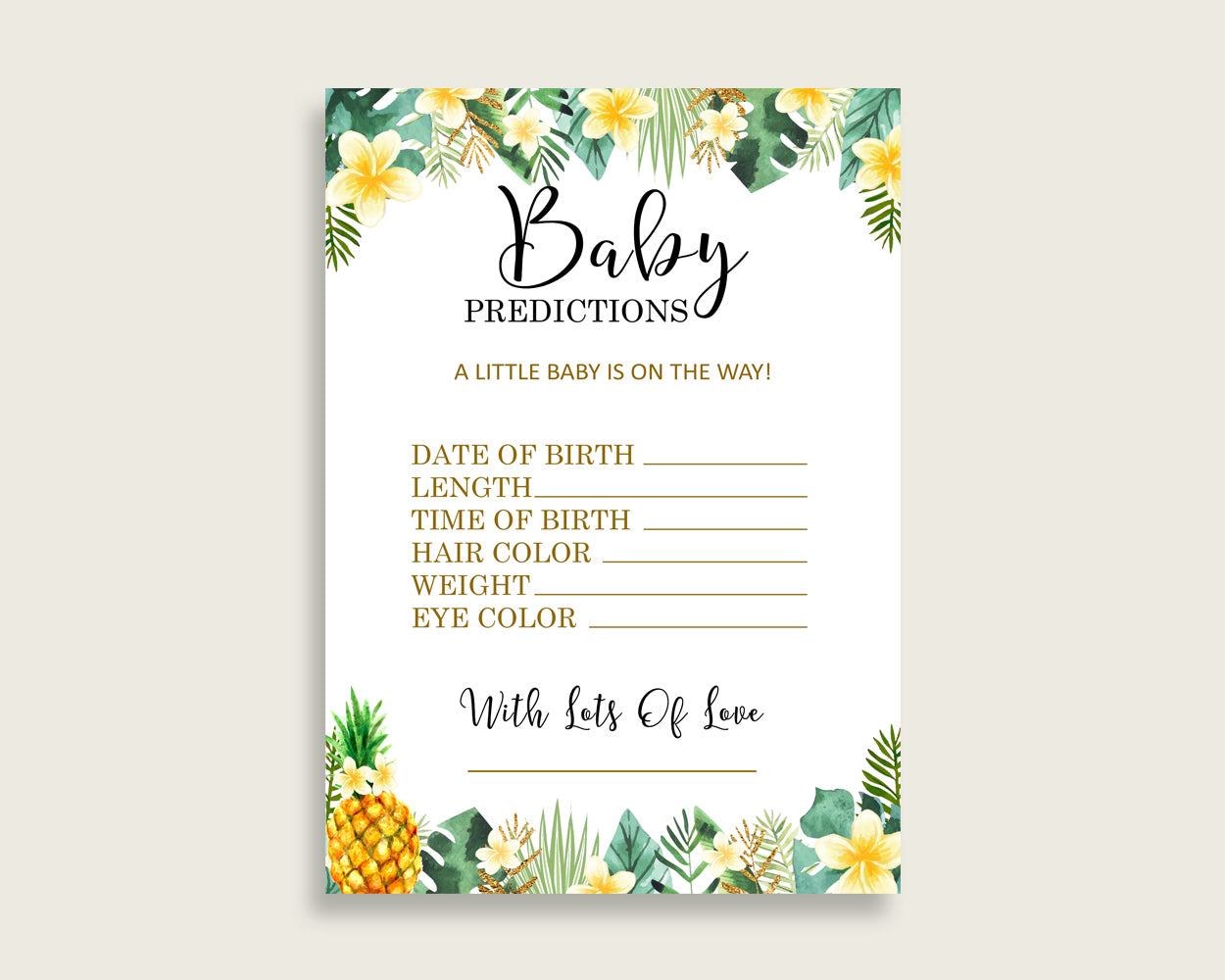 Tropical Baby Shower Prediction Cards & Sign Printable, Green Yellow Baby Prediction Game Gender Neutral, Instant Download, Popular 4N0VK