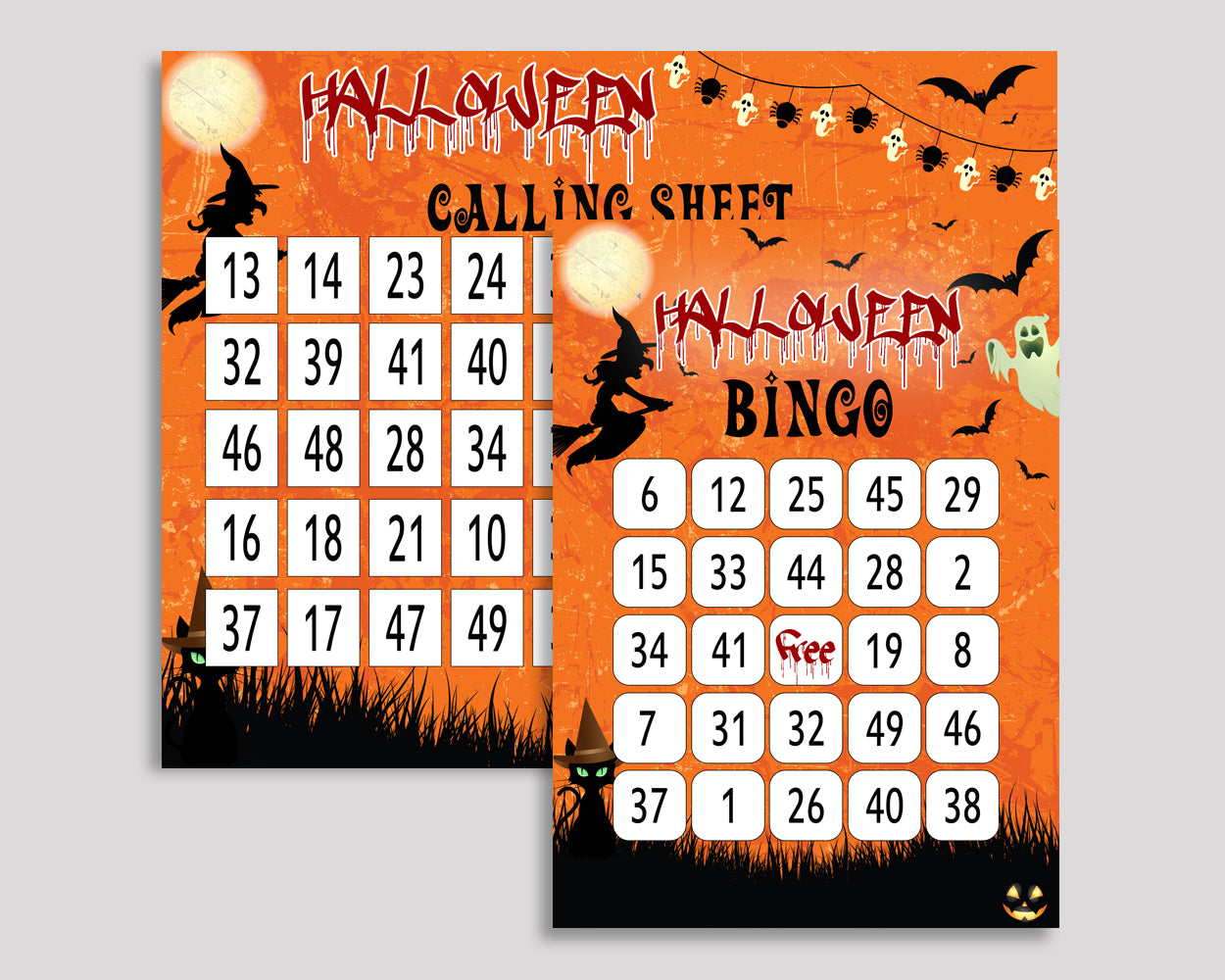 Halloween Bingo Game Cards, Halloween Birthday Game, Printable Orange Black Bingo Prefilled, Numbered Bingo 60 Cards, Bingo Boy Girl, GPF0F