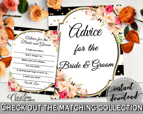 Black And Gold Flower Bouquet Black Stripes Bridal Shower Theme: Advice For The Bride And Groom - bride and groom, party ideas - QMK20 - Digital Product